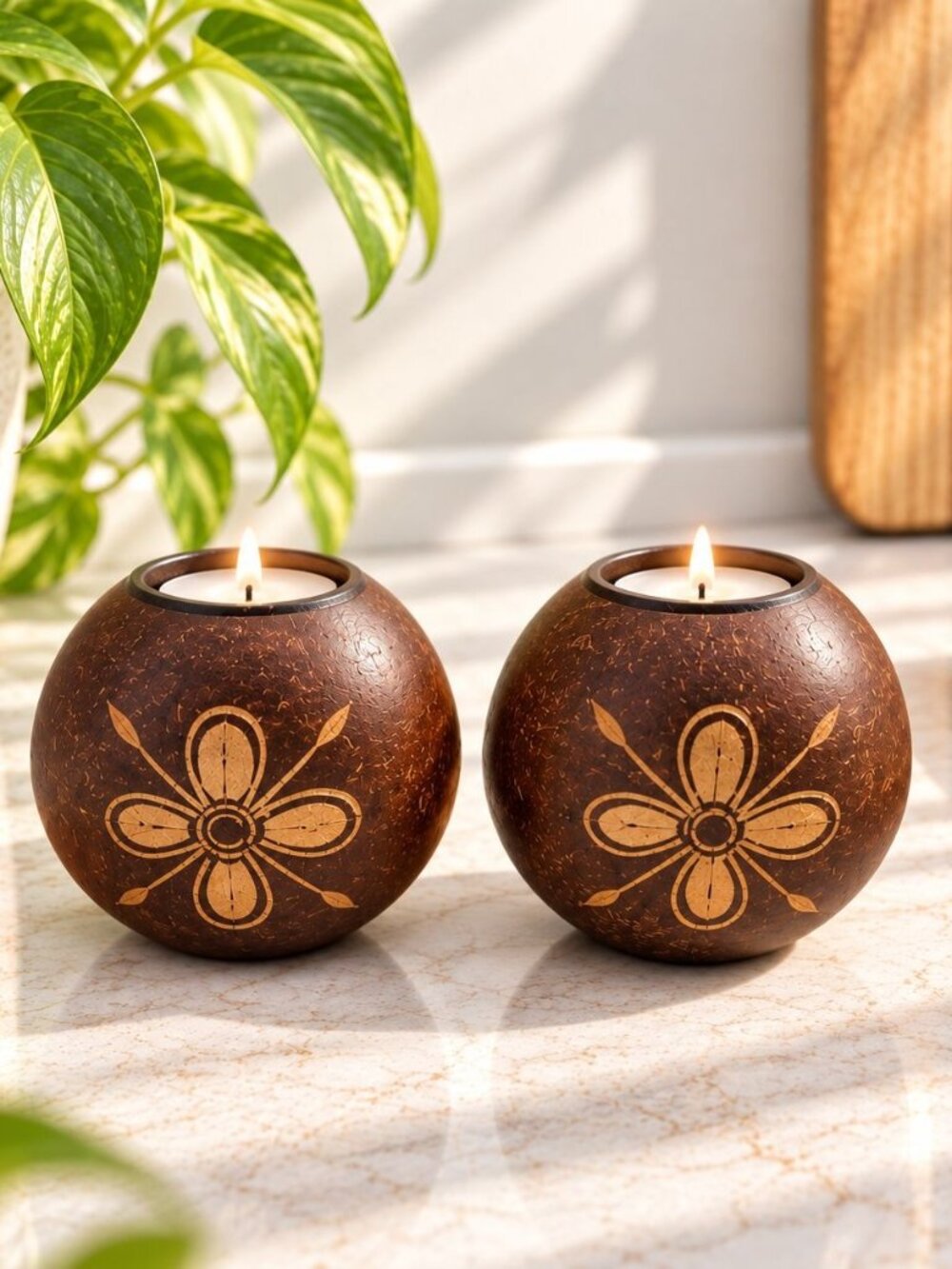 Handcrafted Coconut Shell Flower Design Tea Light Candle Holders Set Of 2 4.5 In